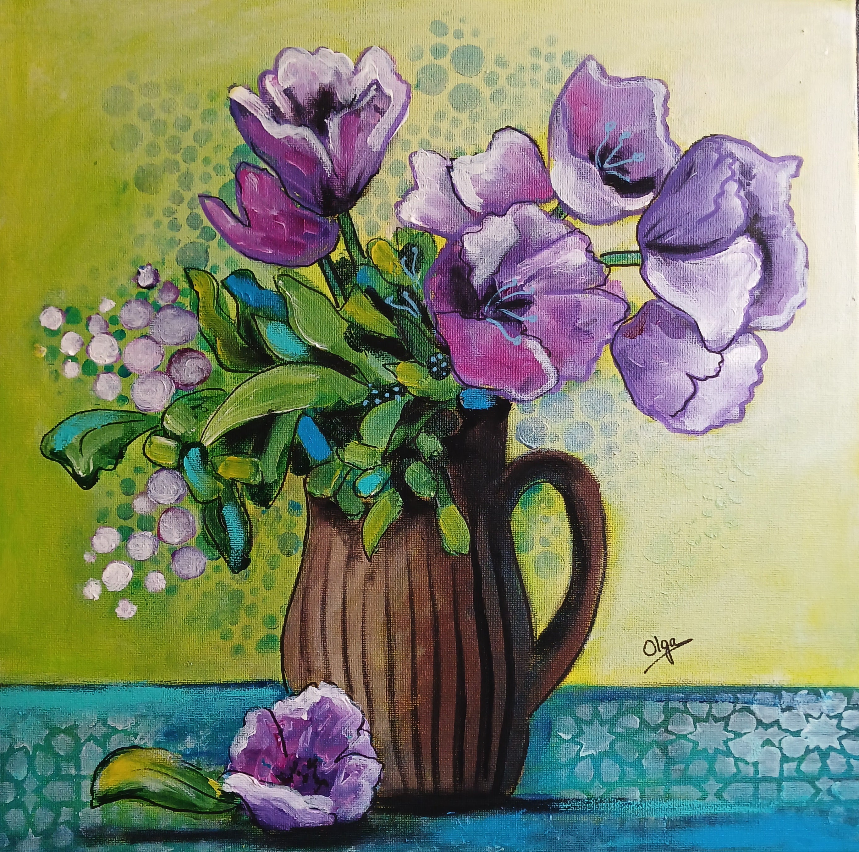 Purple Bouquet on a Blue Table