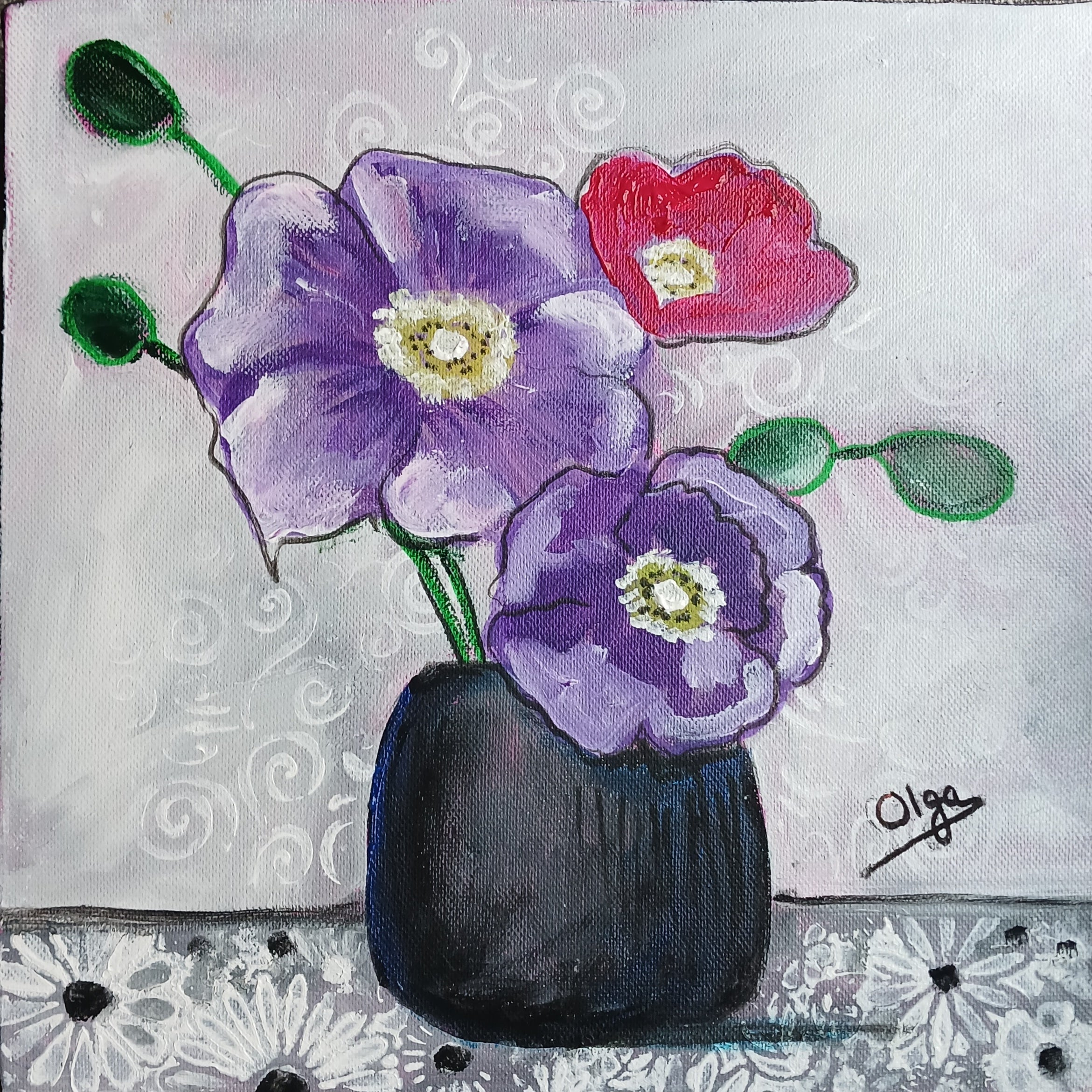 Purple Flowers in a Black Vase