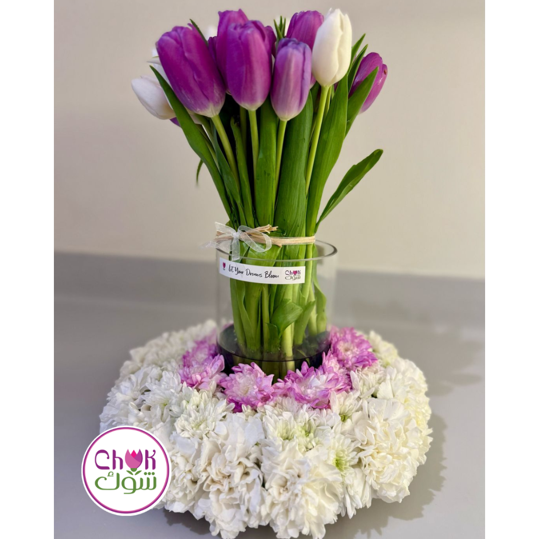 Purple Tulips with White Chrysanthemum