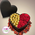 Black Leather Heart Box with Chocolate and Roses (also available in Gold, White or Pink)